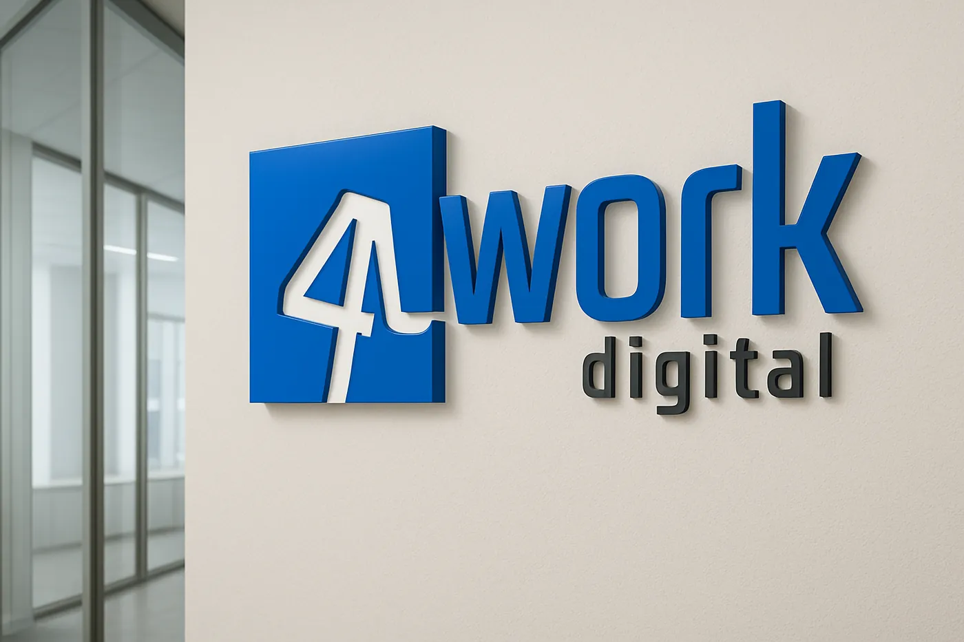 Escritório 4work.digital com logotipo na parede